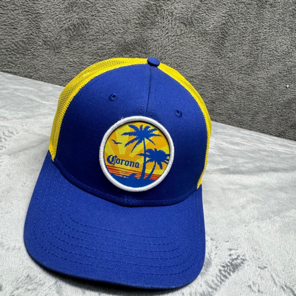 Corona Beer Palm Tree Mesh Trucker Hat‎ Blue Yellow Adjustable One Size
